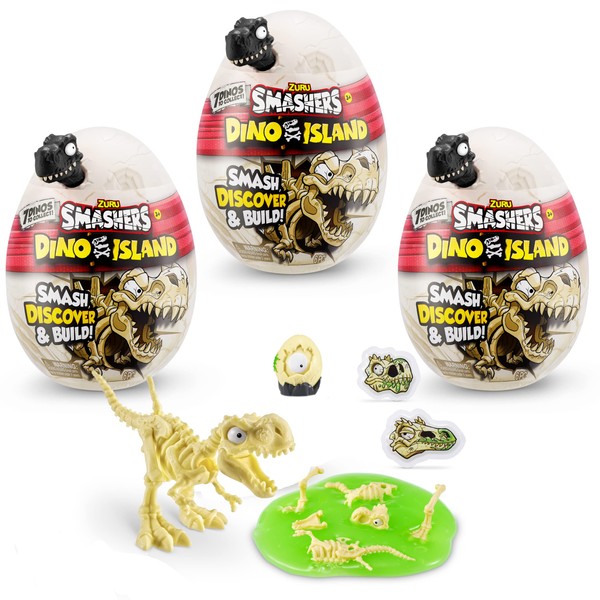 Smashers Dino Island Nano Egg (3 Pack) by ZURU with 6 Hidden Surprises, Mini and Dinosaur Toy, Prehistoric Discovery Slime More, Age 3+