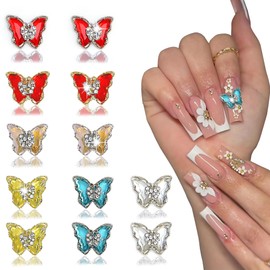 12pcs Nail Charms, 3D Butterfly Shape Charms, Butterflies Nail Charms Y2K for Acrylic Nails DIY Manicure Nail Art Decorations Supplies(red-A)