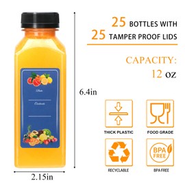 Florlove 25pcs 12oz Juicing Bottles,Square Plastic Juice Bottles with Caps,Plastic Containers with Lids for Juicing, Drinking,Smoothies,Tea, Milk and Other Beverages