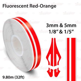 1/8" & 1/5" | 3mm & 5mm Self-Adhesive Vinyl Pin Stripe Roll Decal Sticker Tape 32ft 9.80m - FLUORESCENT RED-ORANGE, Universally Compatible for Cars, Trucks, Vans, Motorcycles, Bikes, Arts & Crafts