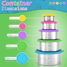 UPTRUST 304 Stainless Steel Containers with Lids, 5-Pack Stackable Snack Containers, Nesting Snack and Dip Containers (5-Pack: 3oz, 6oz, 13oz, 21oz, 32oz)