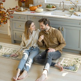 KIMODE Anti Fatigue Pumpkin Kitchen Mat for Floor, Fall Kitchen Rugs Sets of 2, Autumn Farmhouse Kitchen Rugs Non Slip, Cushioned Kitchen Floor Mat for Floor Sink, Laundry, Desk, Home Blue