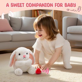 CozyWorld 10" Heartbeat Recordable Bunny Plush Toy, Voice Recorder Bunny Stuffed Animal w/30 Sec Recorder, Rabbit Plushie Messages Recording Playback Gifts for Baby Girls Boys Birthday Baby Shower