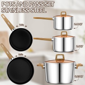 DUTZUN Stainless Steel Pots and Pans Set, 13 Pcs Kitchen Appliances, Kitchen Cookware Set with Lids, Stay-cool Wood Handle, Saucepan, Soup Pot, and Nonstick Frying Pans, Induction/Oven/Dishwasher/Safe