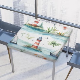 DXTKWL Watercolor Lighthouse Ship Square Table Cloth with Elastic Edges, Fitted Tablecloth Waterproof Table Cover for Dining Kitchen Indoor Outdoor Patio, Fits 34x34 in Table