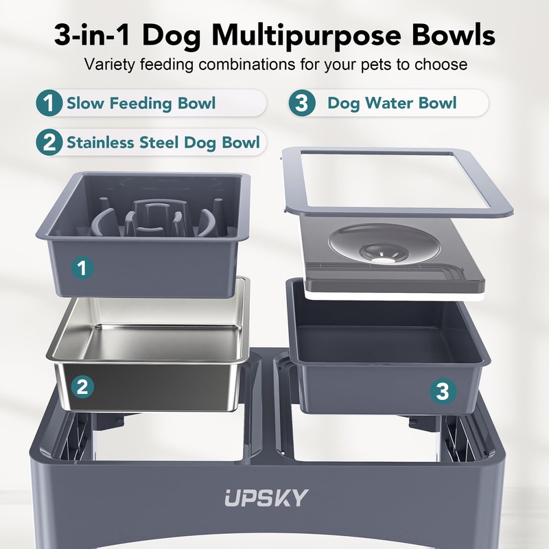 UPSKY 3-in-1 Elevated Dog Bowls Slow Feeder, Adjustable Stand, Stainless