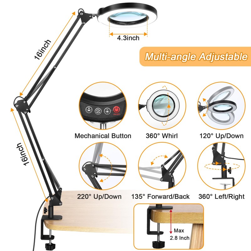 12X Large Magnifying Glass with Light and Clamp, Real Glass,