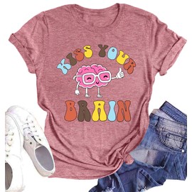 Teacher Shirts for Women Kiss Your Brain Graphic Print Shirts Retro Teaching Life Inspirational Tee Tops(Pink,Mudium)