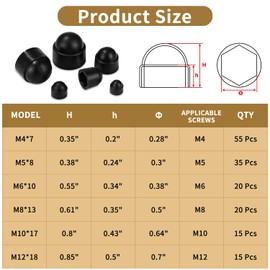 Pack of 160 Cover Caps for Nuts, Plastic Caps for Screws and Nuts, M4 M5 M6 M8 M10 M12 Screw Caps Hexagonal Screw Cover Black Caps Nuts