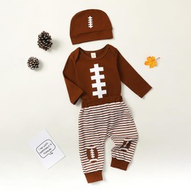 BULINGNA Infant Baby Boy Football Outfits Long Sleeve Bodysuit Romper Striped Pants with Hat Fall Clothes Set (Brown, 6-12 Months)