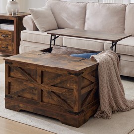 Brown Coffee Table with Storage,Cocktail Table with Hinged Lift Top, Farmhouse Square Wood Center Table with Large Hidden Storage Compartment for Living Room, Square Coffee Table, Metal Edges Decor