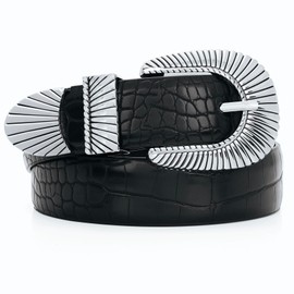 XZQTIVE Women Fashion Leather Belt for Jeans Pants Dress with Vintage Silver Buckle, Black, 130cm