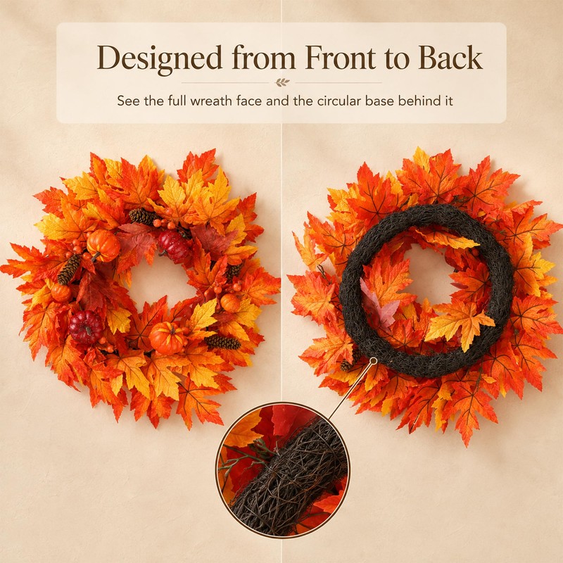 24" Artificial Halloween & Thanksgiving Wreath with Pumpkins & Maple