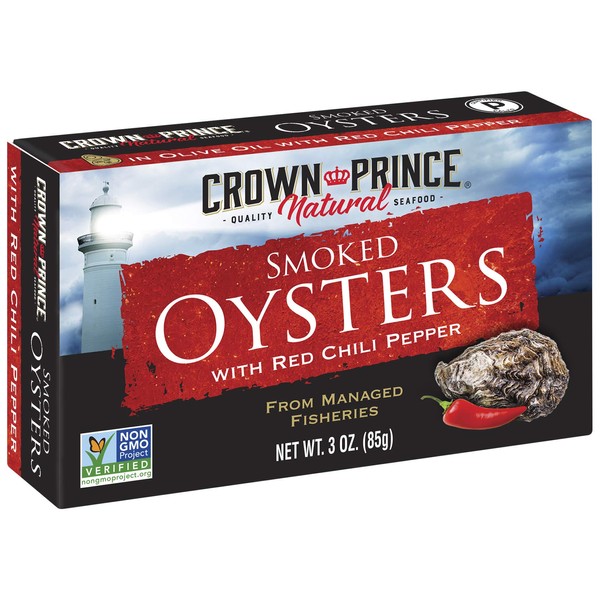 Crown Prince Natural Smoked Oysters with Red Chili Pepper, 3 Oz Cans (Pack Of 18)