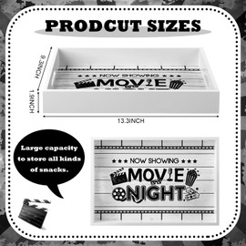 Teenyyou Movie Night Serving Tray with Handles Wooden Snack Storage Box Snack Rack for Countertop Storage Tray, Storage Basket for Home Kitchen Movie Night Party Supplies (White,Classic Movie Night)