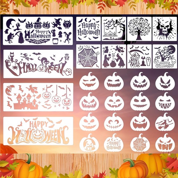 28 Pack Halloween Stencils,Accfore Reusable Painting Stencils Suit,Pumpkin Carving Stencils,for