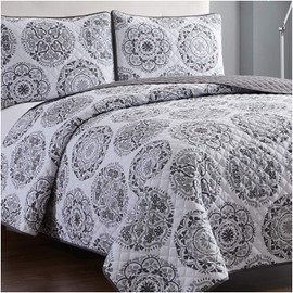 Mellanni Twin Bedspread Coverlet Set - Bedding Cover with Shams - Ultrasonic Quilting Technology - 3 Piece Oversized Quilt Set - Bedspreads & Coverlets (Twin, Rosette Gray)