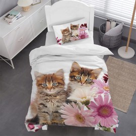 MUSOLEI Cat Single Bed Duvet Cover Set, 3D Printed Two Lovely Kitty with Pink Flowers Pattern Cute Bedding Set, Soft Zipper Quilt Cover 135x200cm and Pillowcase 50x75cm for Adults Kids Bedroom