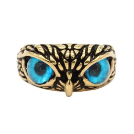 SINLEO Stainless Steel Signet Biker Ring Vintage Animal Demon Eye Owl Rings for Men Women Statement Jewelry Gold Blue Eye Size 6