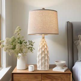 USumkky Ceramic Table Lamps Set of 2, 23.75" Modern Farmhouse Bedside Lamp - Cream Nightstand Lamps for Bedroom, Boho Living Room End Tables, Small Office Desk Lamp Decor