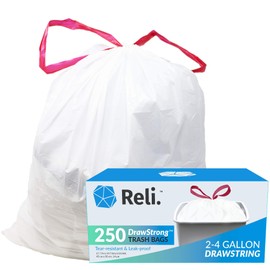 Reli. 2-4 Gallon Trash Bags Drawstring | 250 Count | 18"x 20" | Small Garbage Bags 4 Gallon - Drawstring Handles | White Trash Can Liners 2 Gal - 3Gal - 4Gal | Small Bin Liners, Office