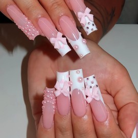 White French Tip Press on Nails Long Fake Nails with Bow Pearls Rhinestones Heart Lines Designs Square Nails Press ons Glossy Glue on Nails Pink Full Cover Artificial Stick on Nails for Women 24 Pcs