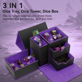 Leather Dice Tray & Tower Storage Box, 3 in 1 Dice Holder Case (Rolling Tray, Tower, Storage Drawers), Magnetic Closure DND Accessories Gifts for RPG MTG, Black/Violet