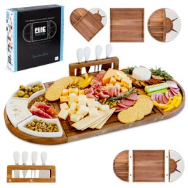 Large Wooden Charcuterie Board Set (Oil Finish) - 3-Piece Magnetic Long Serving Board Tray with Charcuterie Accessories - Acacia Wood Cheese Platter with Cheese Knife Set & Ceramic Dishes - Brown