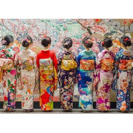 PICKFORU Elegant Kimono Puzzles for Adults 1000 Pieces, Intage Cherry Blossom Geisha Puzzles, Colorful Unique Japanese Art Puzzle as Wall Decor