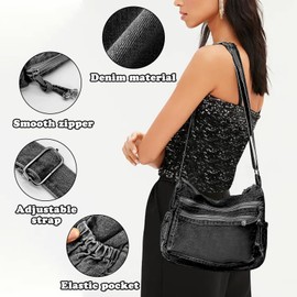 AdiStylinno Denim Shoulder Bag for Women, Large Capacity Canvas Jean Tote Bag Retro Casual Hobo Messenger Bags, Lightweight Crossbody Bag with Multi Pockets and Adjustable Shoulder Strap (Black)