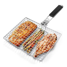 EASYLOCK Stainless Steel BBQ Grill Basket with Foldable Handle, Fish Vegetable Shrimps Steak Portable Camping Family Gathering