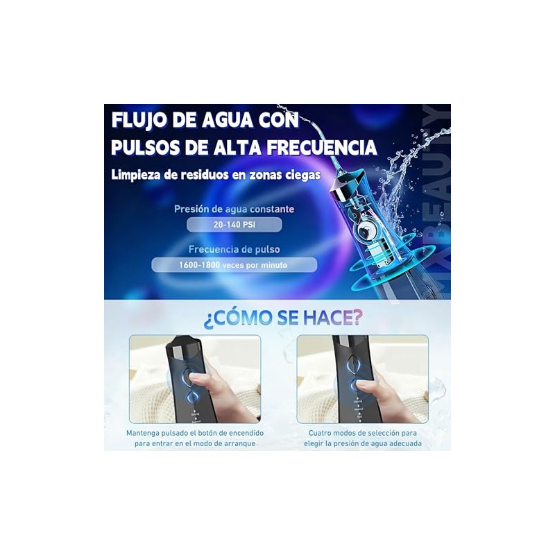 Irrigador Bucal Portátil,4 Modos con Modo DIY y 5 Puntas