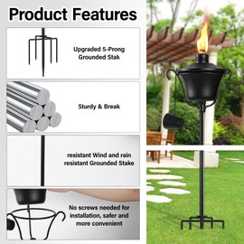 MQKIWAO 6 Pack Outdoor Garden Torch, 15 oz Outdoor Citronella Torches, 58 Inch 5-Prong Grounded Stake Torches, Metal Torches with Fiberglass Wick for Yard, Patio, Deck, Garden, Party, Landscape ﻿