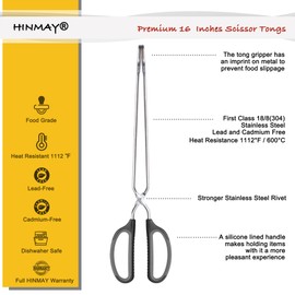 HINMAY Scissor Tongs 16-Inch Extra Long Stainless Steel Barbecue Grilling Tongs (Black Handle)