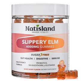 Slippery Elm for Women Gummies, Organic Slippery Elm Bark Extract with Probiotics, Sea Buckthorn, L-Glutamine for Gut & Digestive Health, Throat & Respiratory Support, Sugar Free, Vegan, 60 Gummies