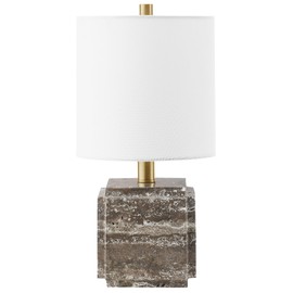 Henn&Hart 16" Tall Stone Table Lamp with Fabric Shade in Gray Veined Travertine, for Home, Living Room, Bedroom, Entertainment Room, Office, Kitchen, Dining