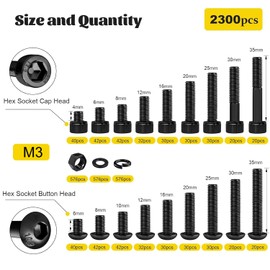 Fgruh 2300PCS M3 Screws with Nuts Assortment Kit, M3x4/6/8/12/16/20/25/30/35 mm Hex Socket Button & Cap Head Bolts Nut and Washers Set, 12.9 & 10.9 Grade Black Zinc Plated for DIY, 3D Printer