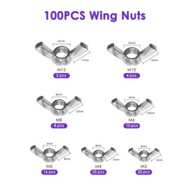 100 Stücke Flügelmutter, BUNTOR Kohlenstoffstahl Flügelmuttern Sortiment Kit, M3/M4/M5/M6/M8/10/M12 Schmetterlingsmutter für Heimwerker DIY Tools, Elektronische Geräte