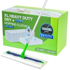 40 Count XL Heavy-Duty Dry+Wet Mop Cloths Kit for Swiffer Sweeper XL - Disposable XL Wet Pad Refills - Multi-Surface Pads Kit Includes 30 Dry Sweeping Cloths & 10 Wet Mopping Pads for Floor Cleaning