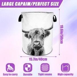 Gray Highland Cow Laundry Basket Foldable Laundry Hamper Tote Bag Storage Bucket Toy Organizer For Bathroom/Laundry/Bedroom（19.6x15.7inch）