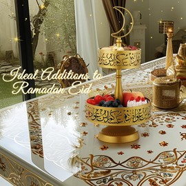 2 Tierd Ramadan Serving Trays, Eid Mubarak Metal Food Trays, Islam Muslim Arabic Word Platters Table Decoration, Eid Al-Fitr Iftar Party Pastry Dessert Cookie Display Holder, Golden