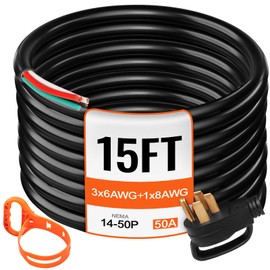 VEVOR 15 FT 50 Amp Generator Extension Cord 4 Wire 6 Gauge STW 6/3+8/1, 125V 250V Generator Power Cord N14-50P & SS2-50R with Portable Handle