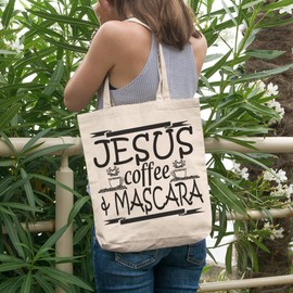 12oz Canvas Tote Bag - Jesus, Coffee & Mascara, Caffeine & Cosmetics Lover Christian Quote - Beauty Themed Merch for Makeup Artist or Cosmetologist, Gift for Makeup Lovers & Beauticians