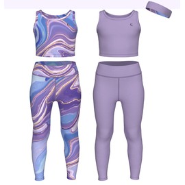 Essenclo Girls Athletic Leggings Yoga Pants w/Sleeveless Crop Tank Tops for Kids Workout Cheer Dance Run Sizes 3-16, 5pc Set - E2110 - Set-13-9-10