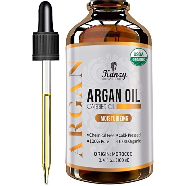 Kanzy Argan Oil Hair Organic Cold Pressed 100% Pure for Face, Skin and Body, Anti-Ageing Vegan Argan Oil of Morocco in Light Protection Recyclable Glass Bottle (100 ml, Argan)