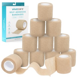 Vive Care Self Adhesive Bandage Wrap (12 Rolls) Cohesive Extra Sticking Stretch Wound Wraps - Elastic Athletic Tape for First Aid, Injuries & Sports, Arm, Leg, Ankle, Wrist, Fingers, 2" x 5yd Roll