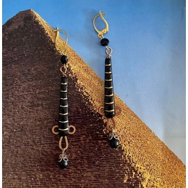 Artisan Egyptian Revival, Deco Styled Drop Earrings, Black, Gold Stripes, Czech Glass