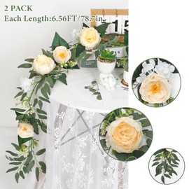 SOMYTING 2pcs (6.56FT/Pcs) Artificial Eucalyptus Flower Garland with Fake Rose Flower Vine Seeded Eucalyptus Leaves Greenery Garland for Wedding Table Backdrop Party Centerpiece Room Decor (Champagne)