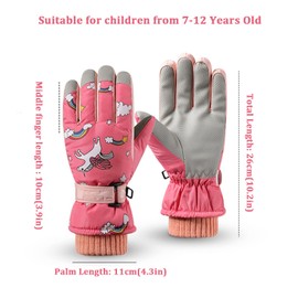 JUPSK Kids Winter Ski Gloves Pink Unicorn Waterproof Anti Slip Fleece Lined Thermal Snowboard Gloves for Girls Boys Children Age 7-12