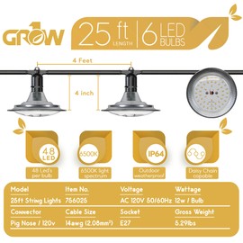 Grow1 Greenhouse Lights for Plants 25 Feet (6 Bulbs) IP 64 Rating Outdoor Grow Lights for Plants Waterproof, 6500K Spectrum Bulbs for Greenhouse Light